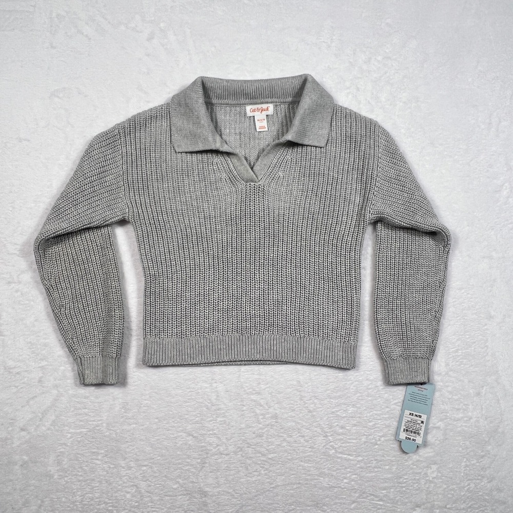 Cat & Jack Girls Collared Sweater XS 4/5 Heather Gray Knit Polo Pullover School